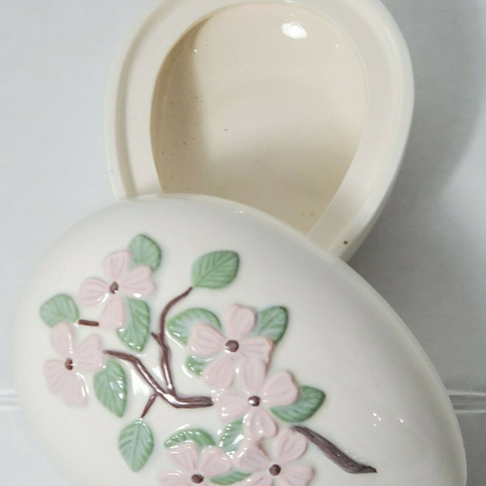 Vintage Egg Candy Trinket Container glazed ceramic box pink dogwood hand painted